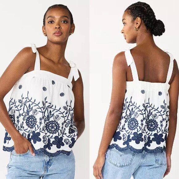 Draper James Tops - Draper James White Tank Top with Navy Blue Embroidered Floral Border